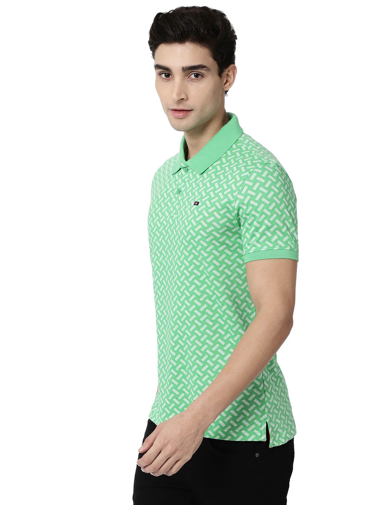 men light green print cotton polo shirt