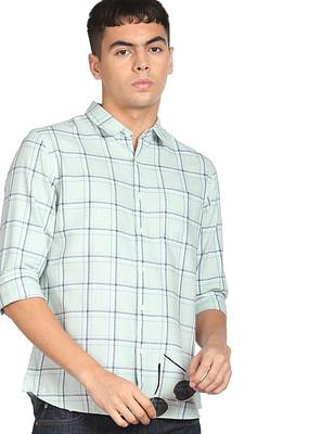 men light green tartan check cotton casual shirt