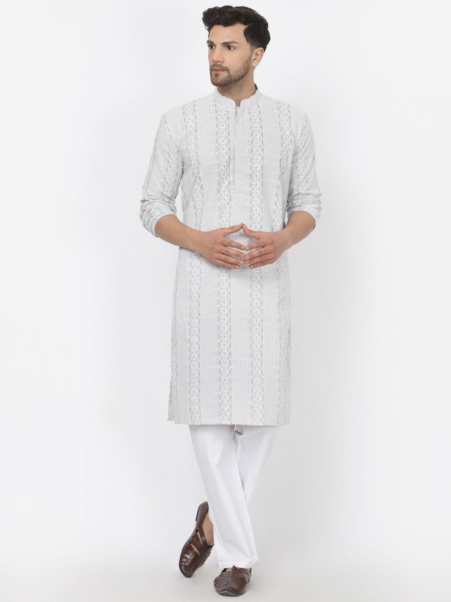 men light grey cotton embroidered kurta with pyjama (set of 2)