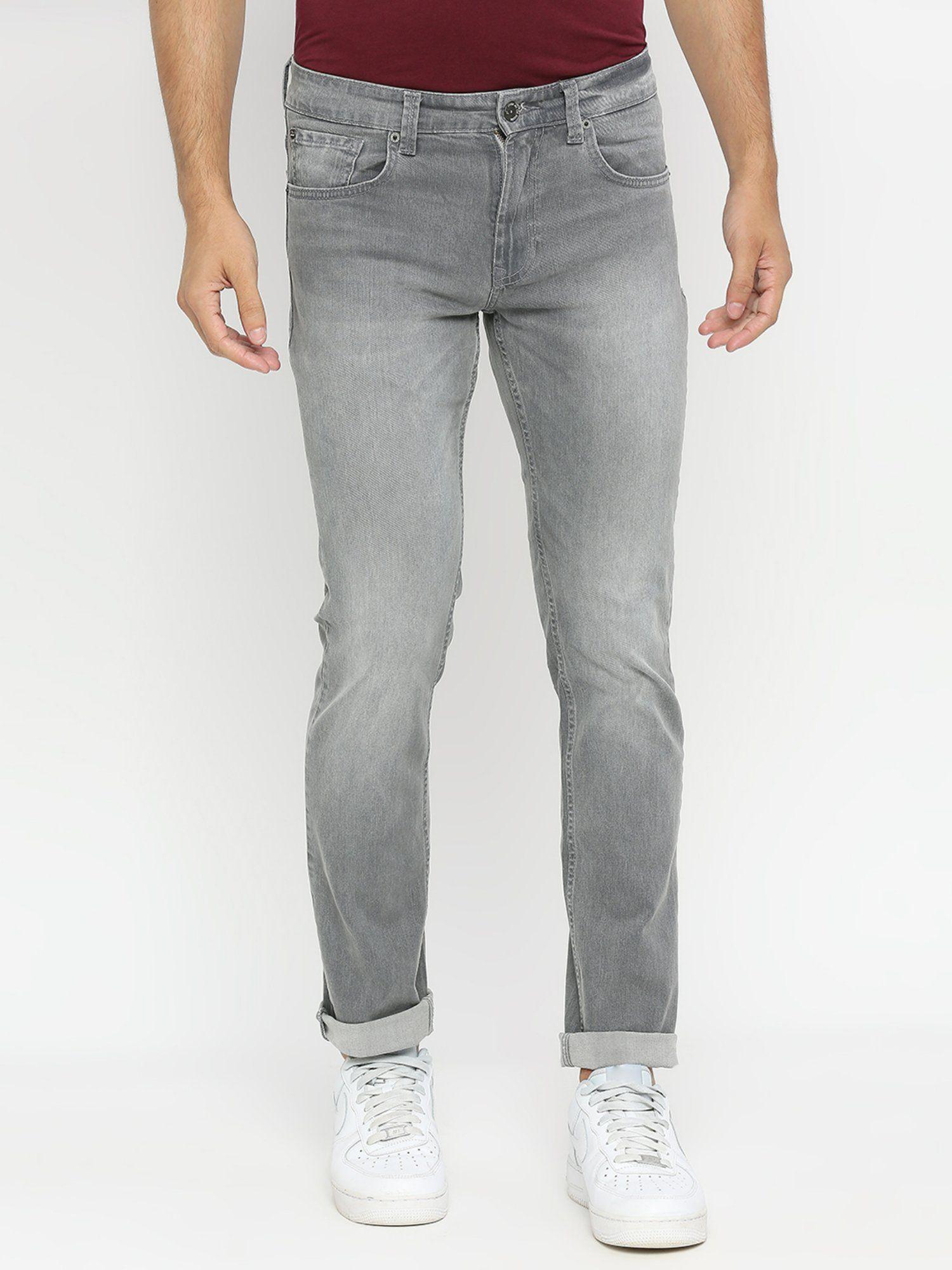 men light grey cotton regular fit narrow length jeans (rover)