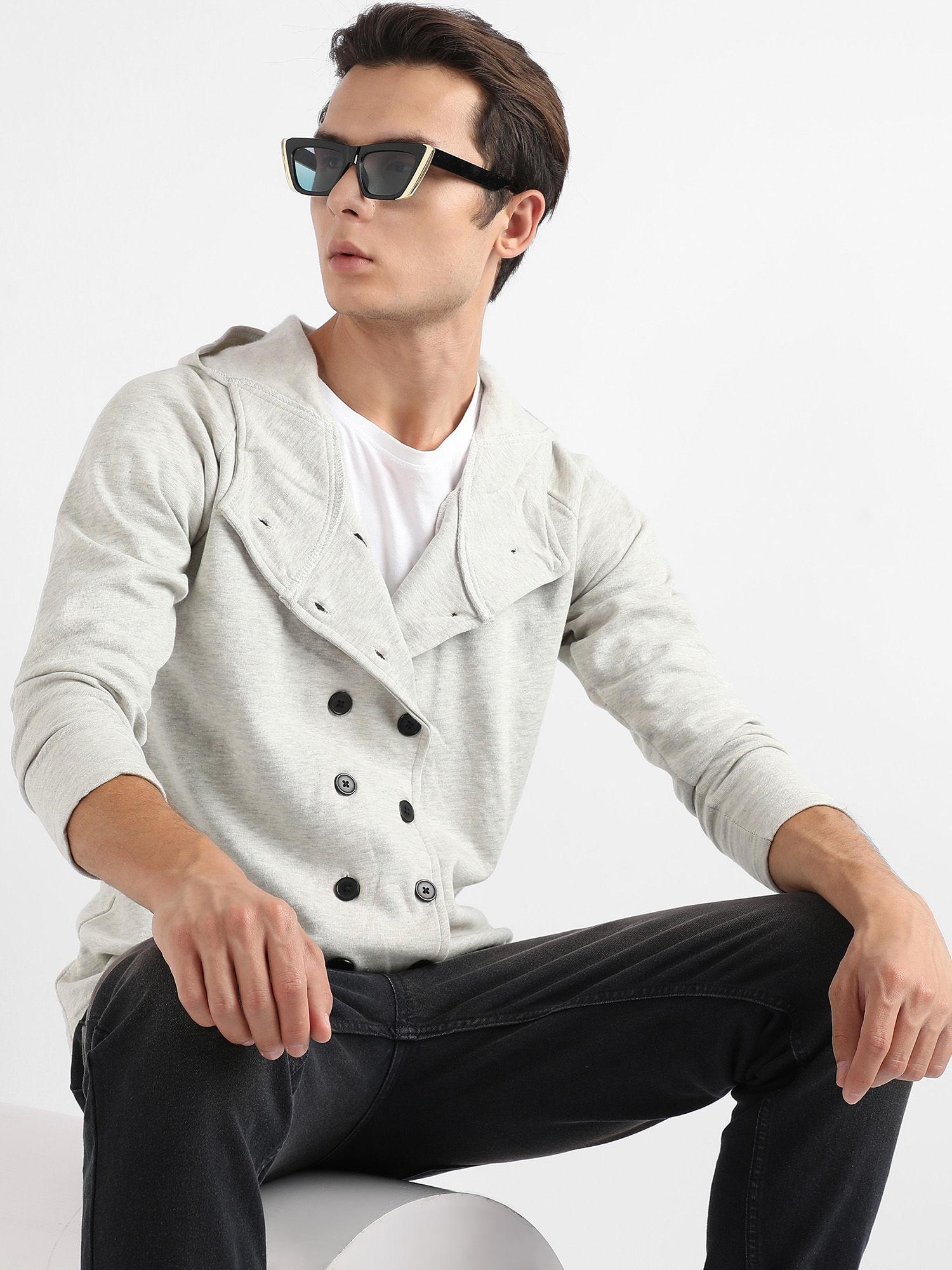 men light grey double-breasted jacket with hoodie