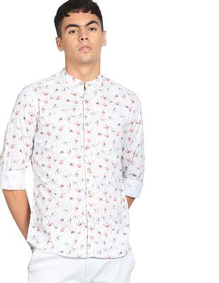 men light grey floral print pure cotton casual shirt