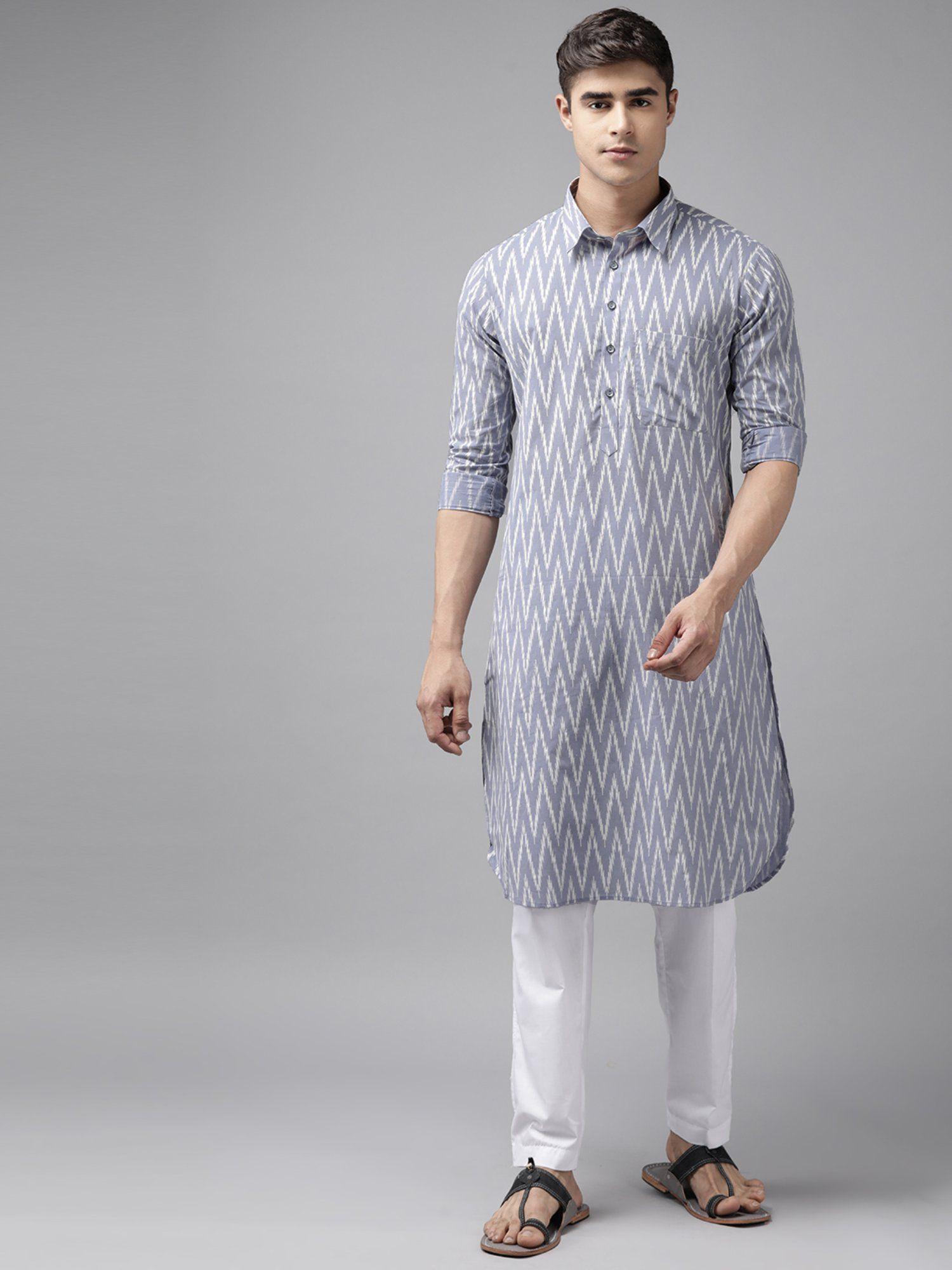 men light grey regular pathani printed men's kurta with white salwar (set of 2)