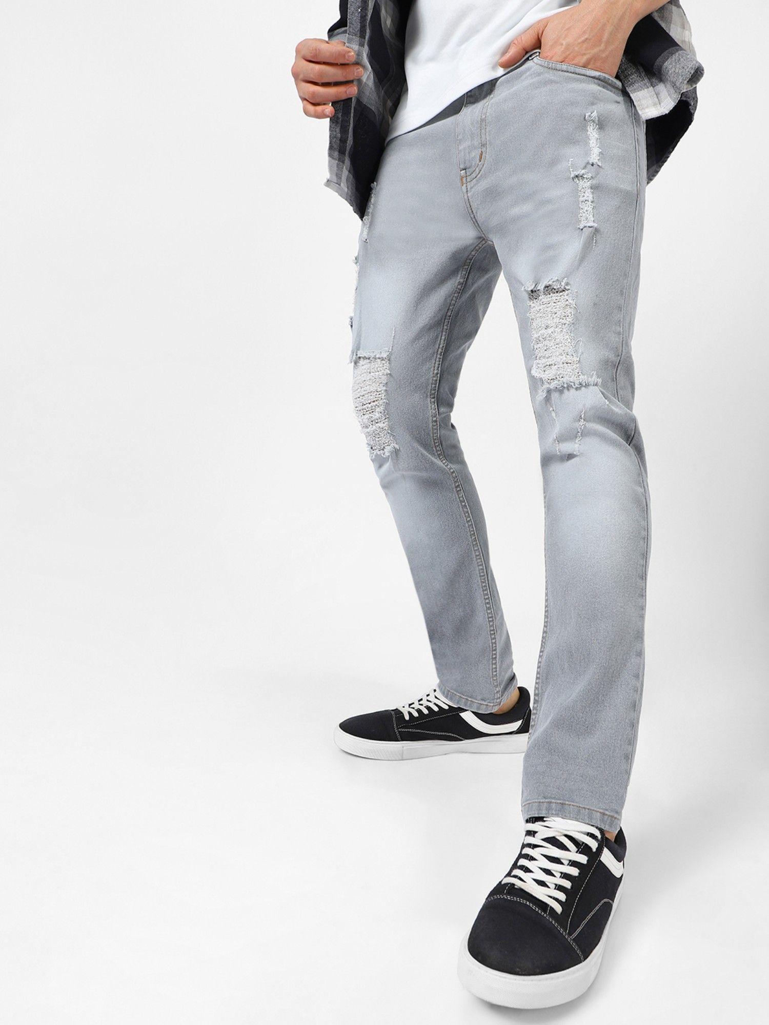 men light grey slim fit heavy distressed/torn jeans