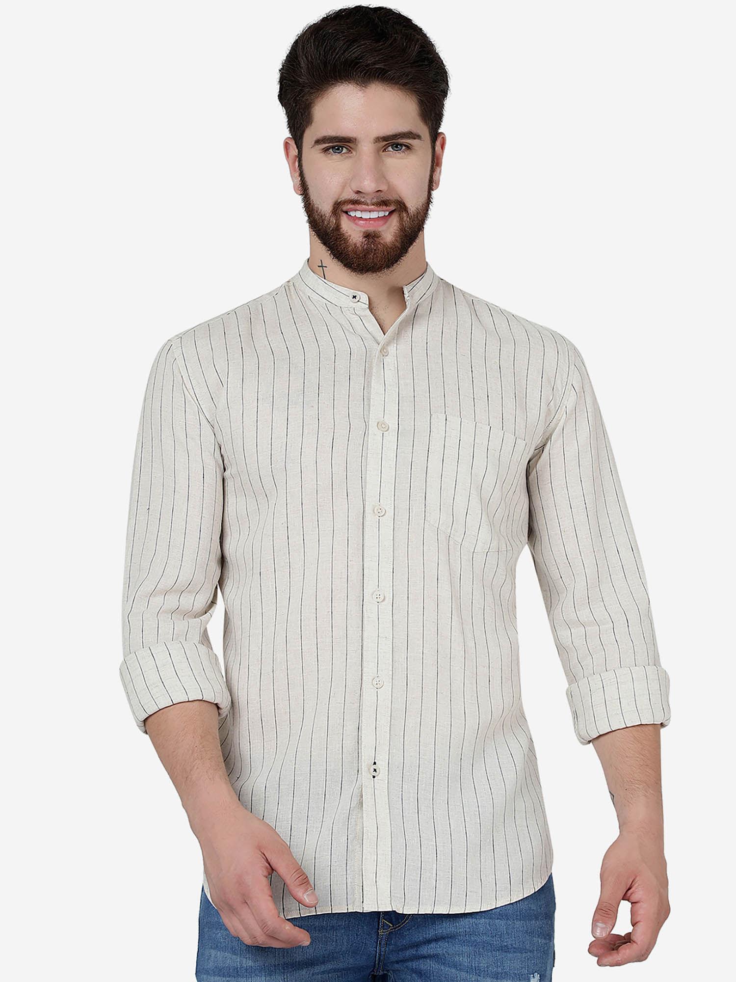 men light khaki cotton slim fit striped casual shirt