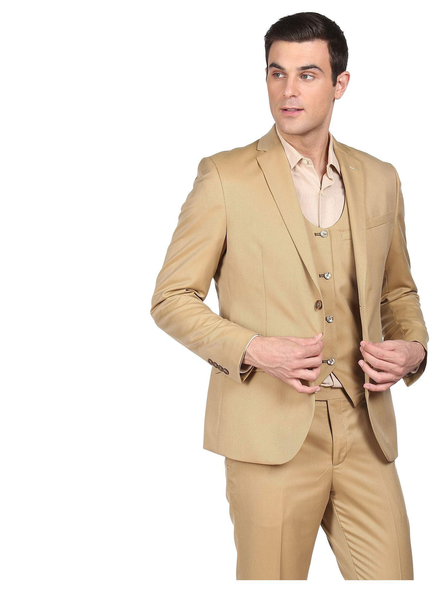 men light khaki tailored regular fit solid three piece suit (set of 3)