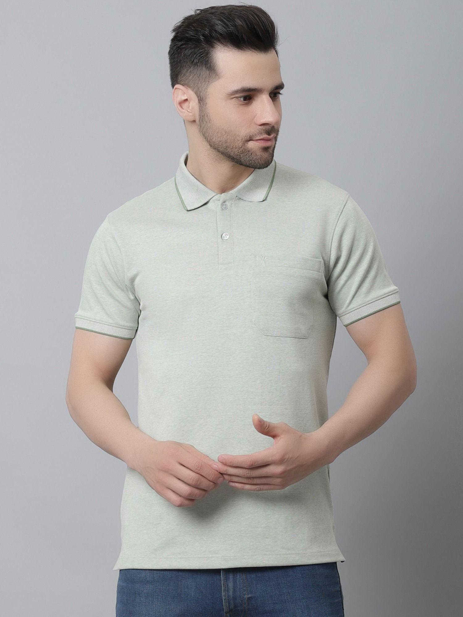 men light olive solid interlock birdeye polo neck t-shirt with pocket