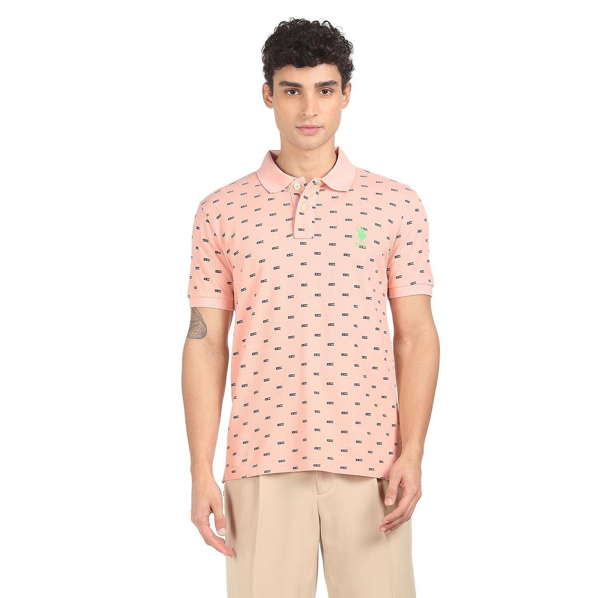 men light pink all over print cotton polo t-shirt