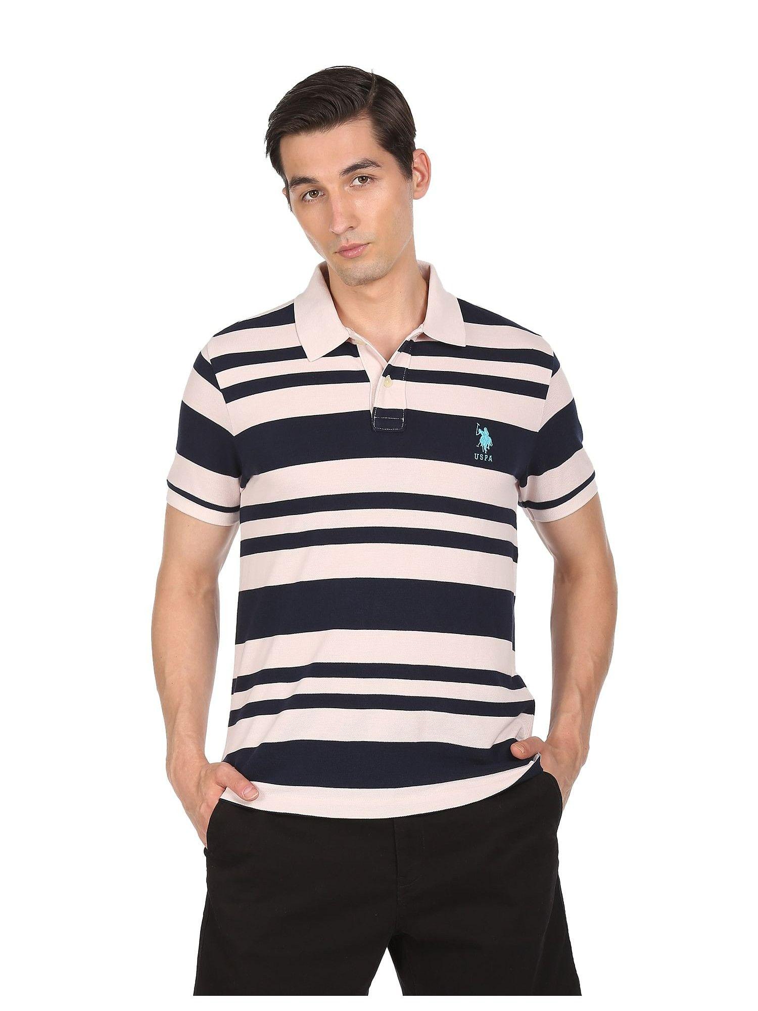 men light pink and navy ribbed collar striped polo t-shirt