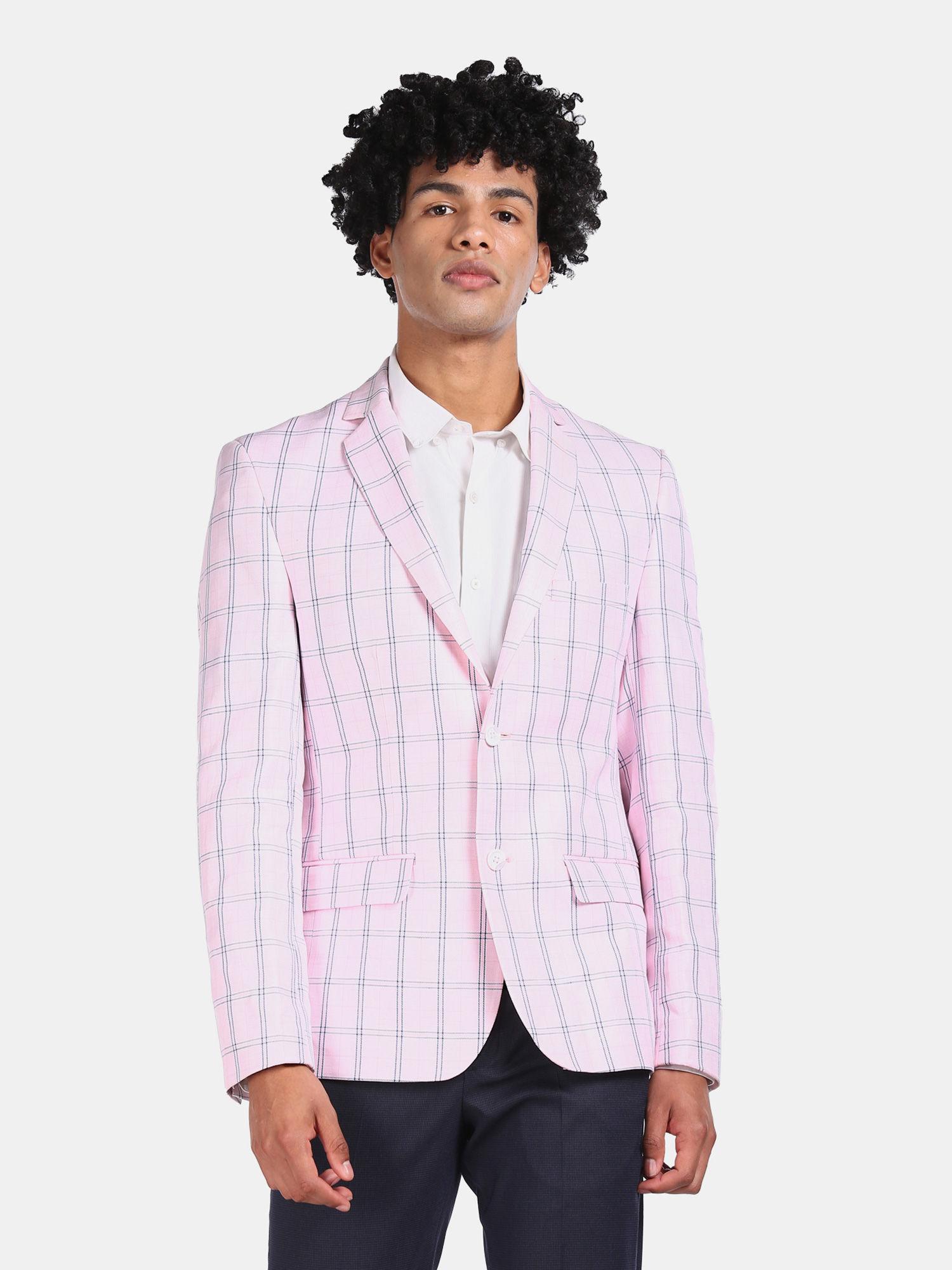 men light pink single breasted checked casual blazer