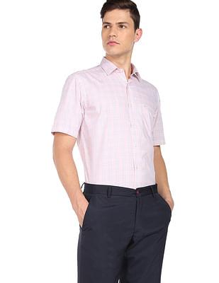 men light pink tartan check short sleeve formal shirt