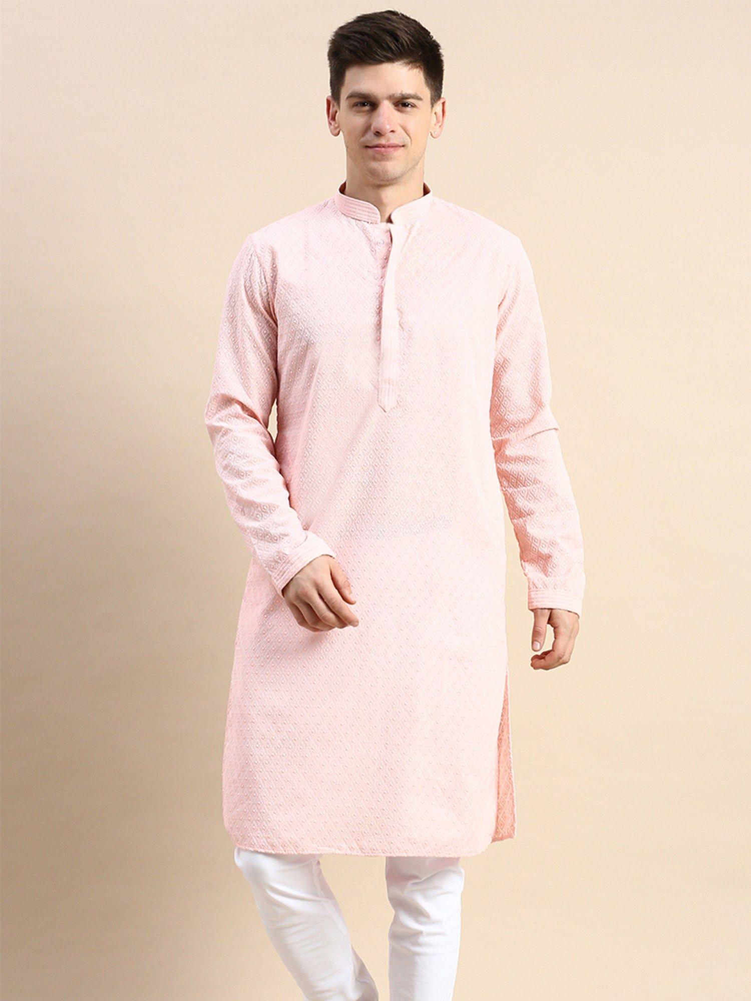 men light pink thread work chikankari indian style cotton kurta