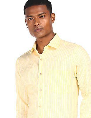 men light yellow regular fit striped formal shirt