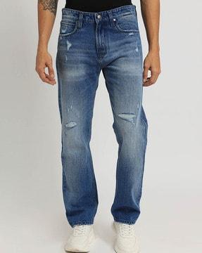 men lightly distressed straight jeans