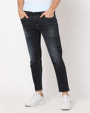 men lightly washed cropped fit jeans