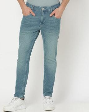 men lightly washed cropped fit jeans