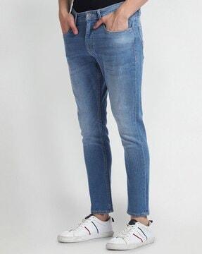 men lightly washed cropped fit jeans