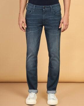 men lightly-washed low-rise jeans