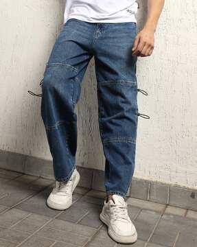 men lightly washed panelled relaxed fit jeans