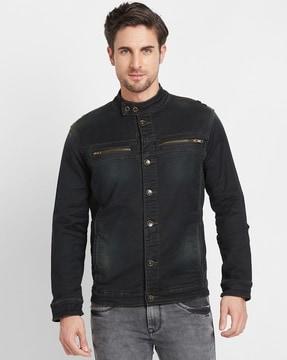 men lightly washed regular fit denim jacket