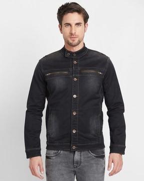 men lightly washed regular fit denim jacket