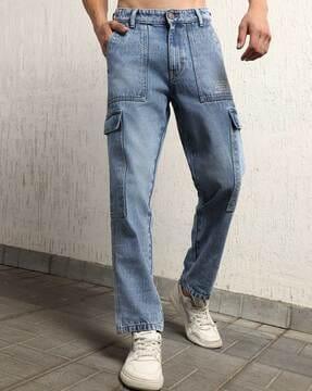 men lightly washed relaxed fit cargo jeans with slip pockets