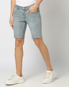 men lightly washed slim fit denim shorts