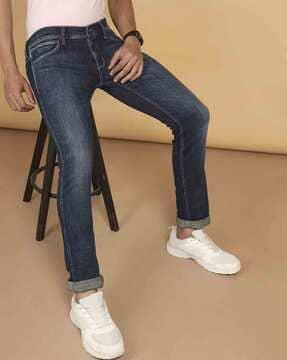 men lightly washed slim fit jeans