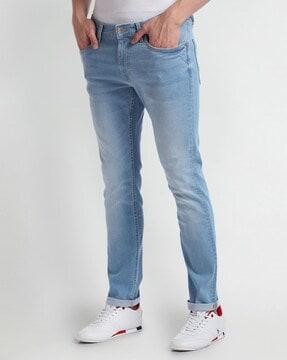 men lightly washed slim tapered fit jeans