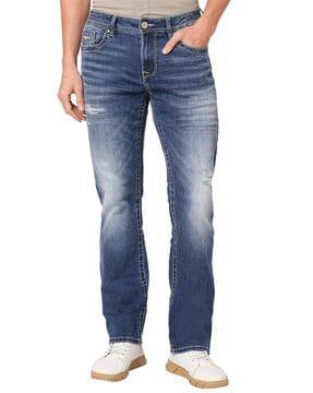 men lightly washed straight jeans