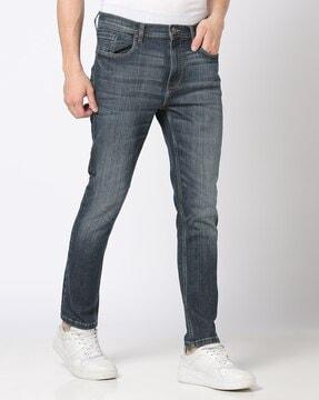 men lightly washed straight jeans