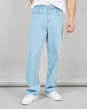 men lightly washed wide leg jeans