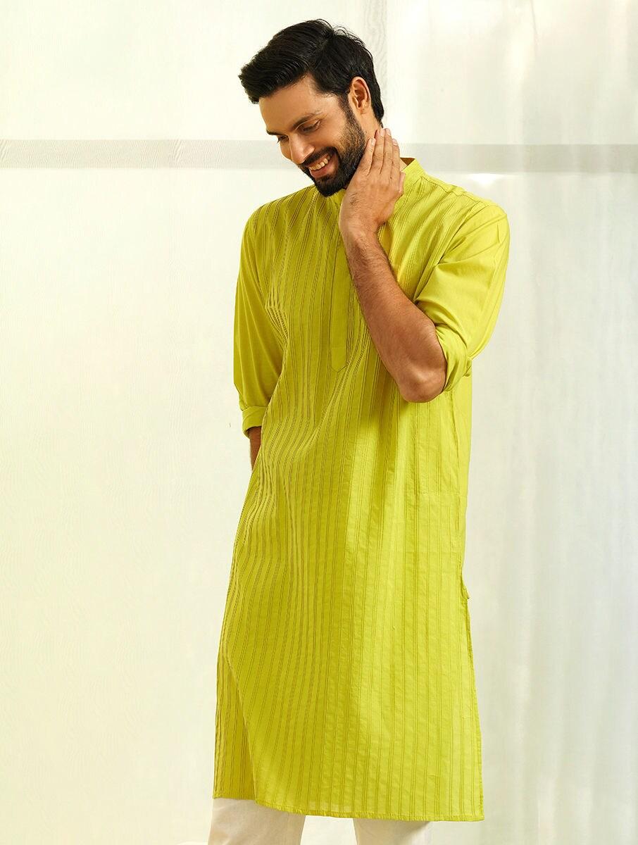 men lime green cotton embroidered mandarin collar regular fit kurta