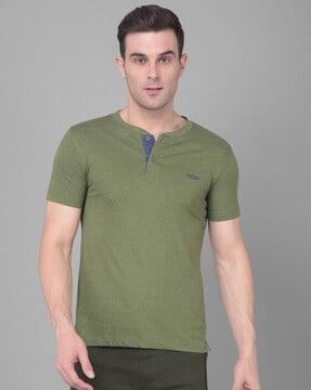 men logo embroidered regular fit henley-neck t-shirt