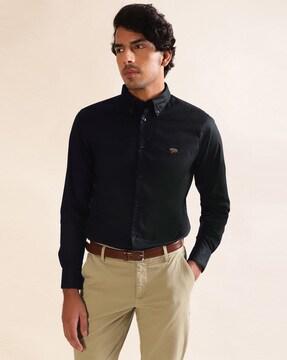 men logo embroidered regular fit shirt with button-down collar