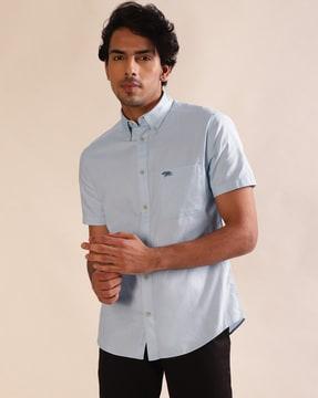 men logo embroidered slim fit shirt with patch pocket