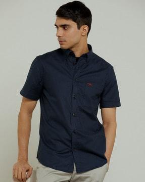 men logo embroidered slim fit shirt with patch pocket