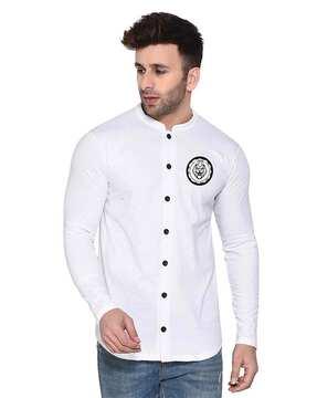 men logo print regular fit shirt with mandarin collar