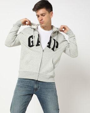 men logo printed zip-front hoodie