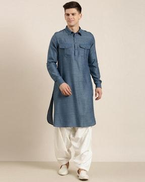 men long kurta with flap pockets