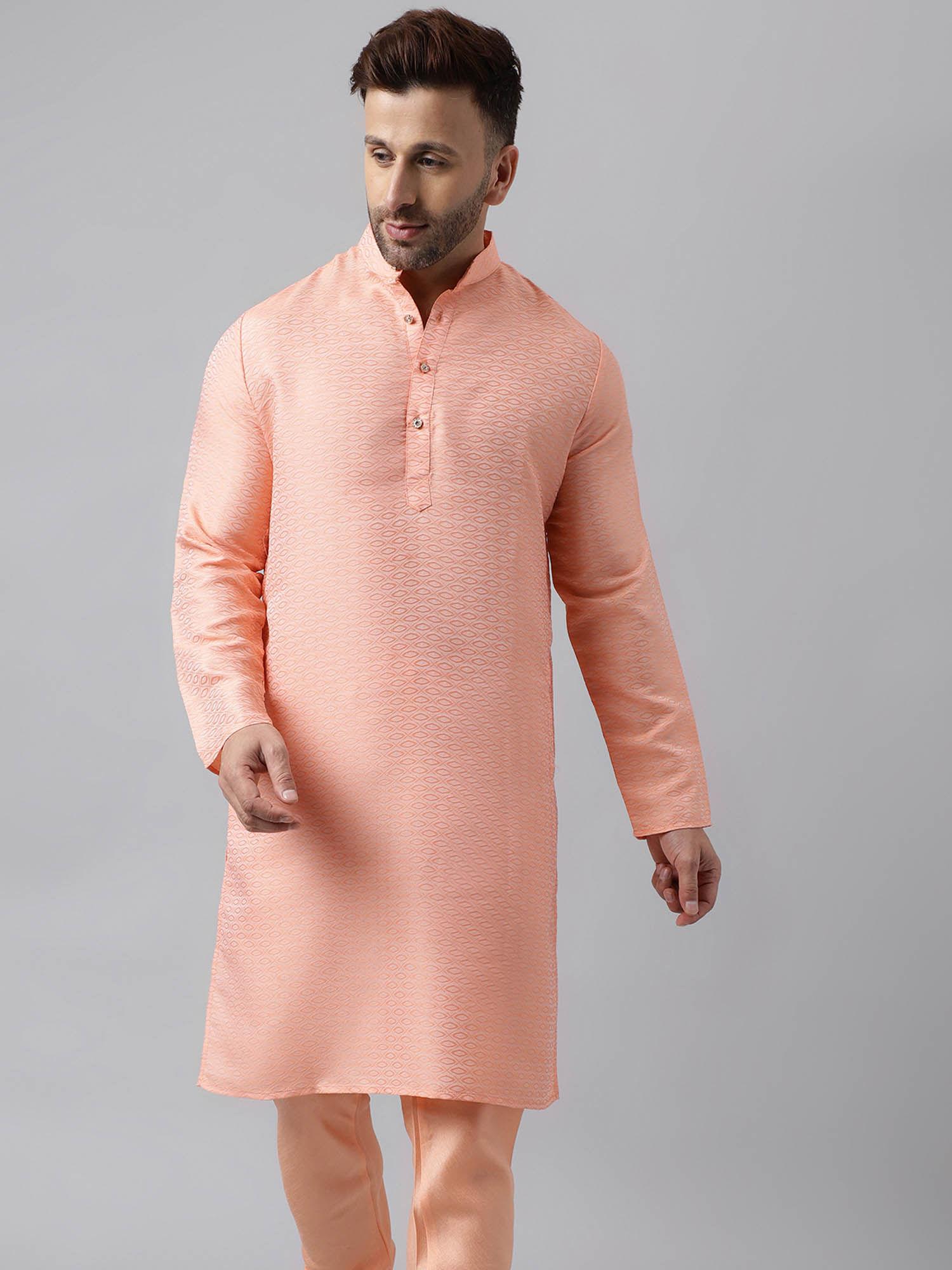 men long light peach dobby jacquard woven kurta