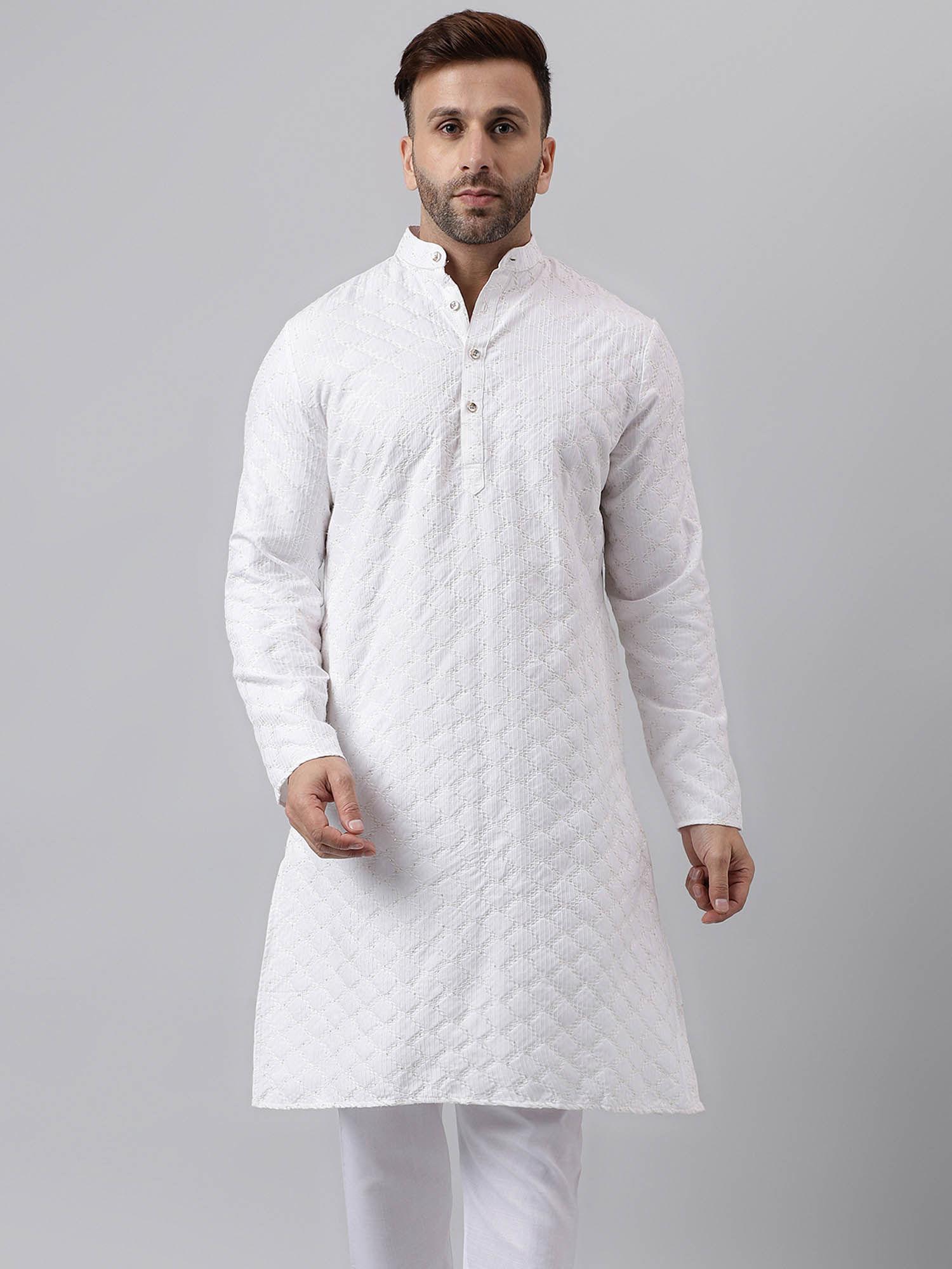 men long self design white sequin chifley kurta