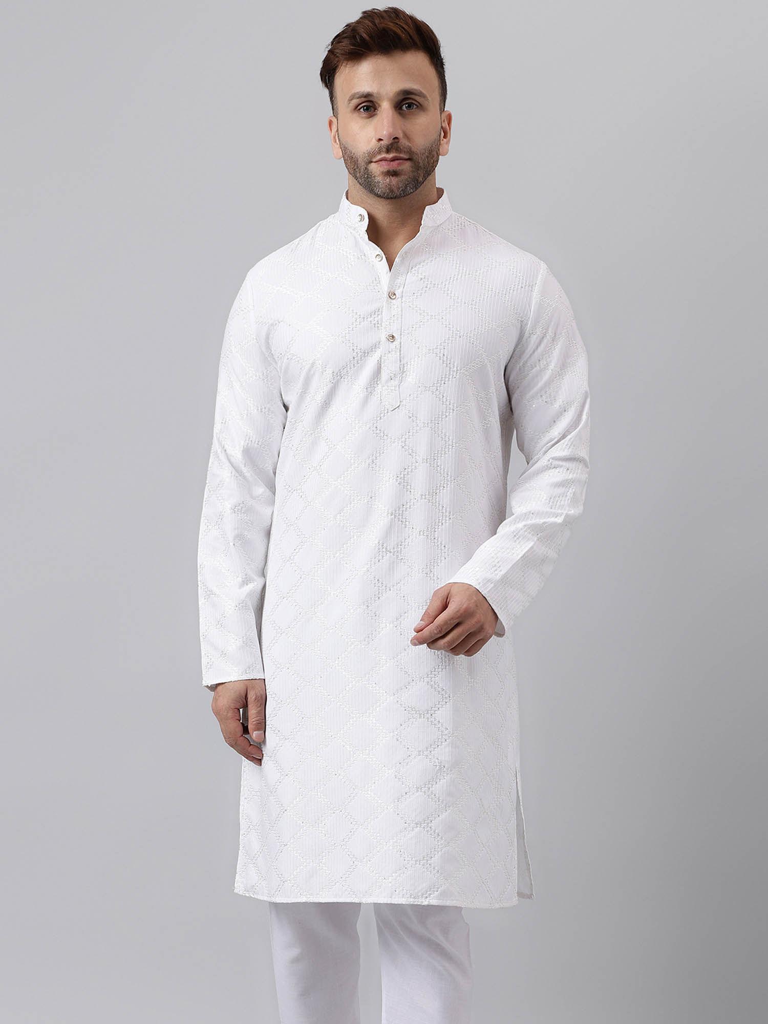 men long white self design sequin kurta