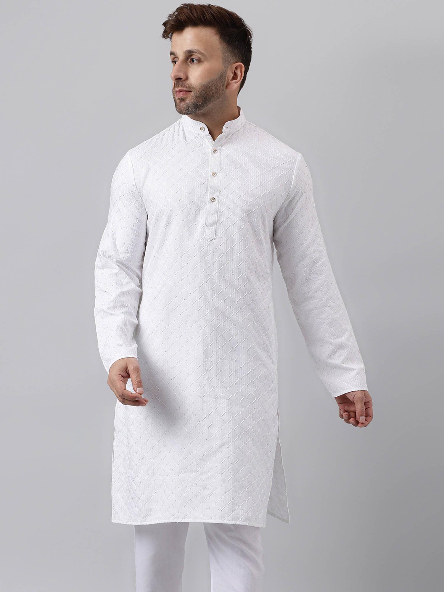 men long white self design sequin kurta