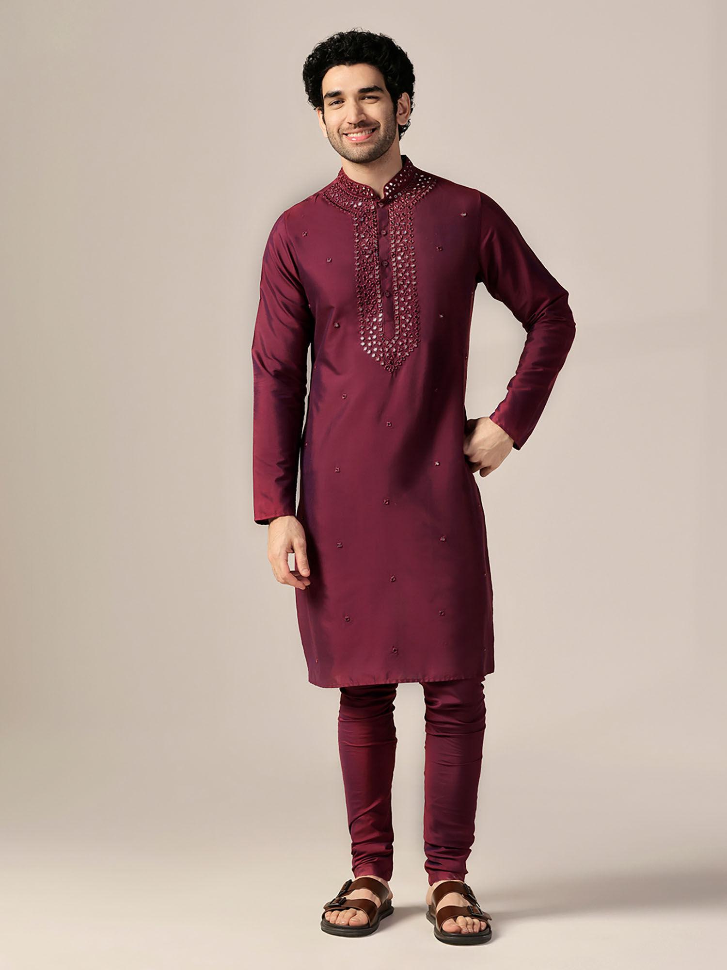 men magenta kurta and churidar (set of 2)