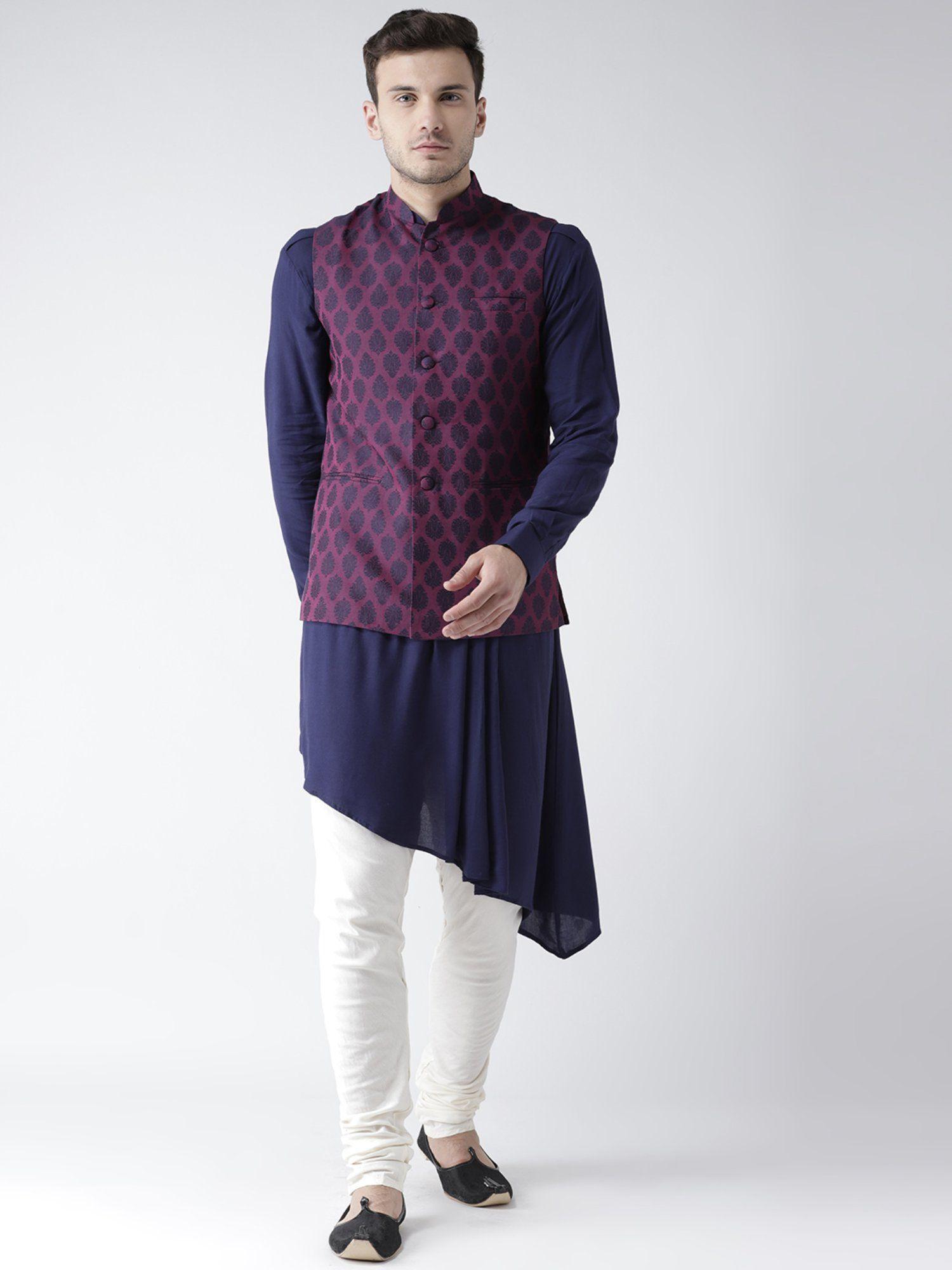 men magenta nehru jacket churidar kurta (set of 3)