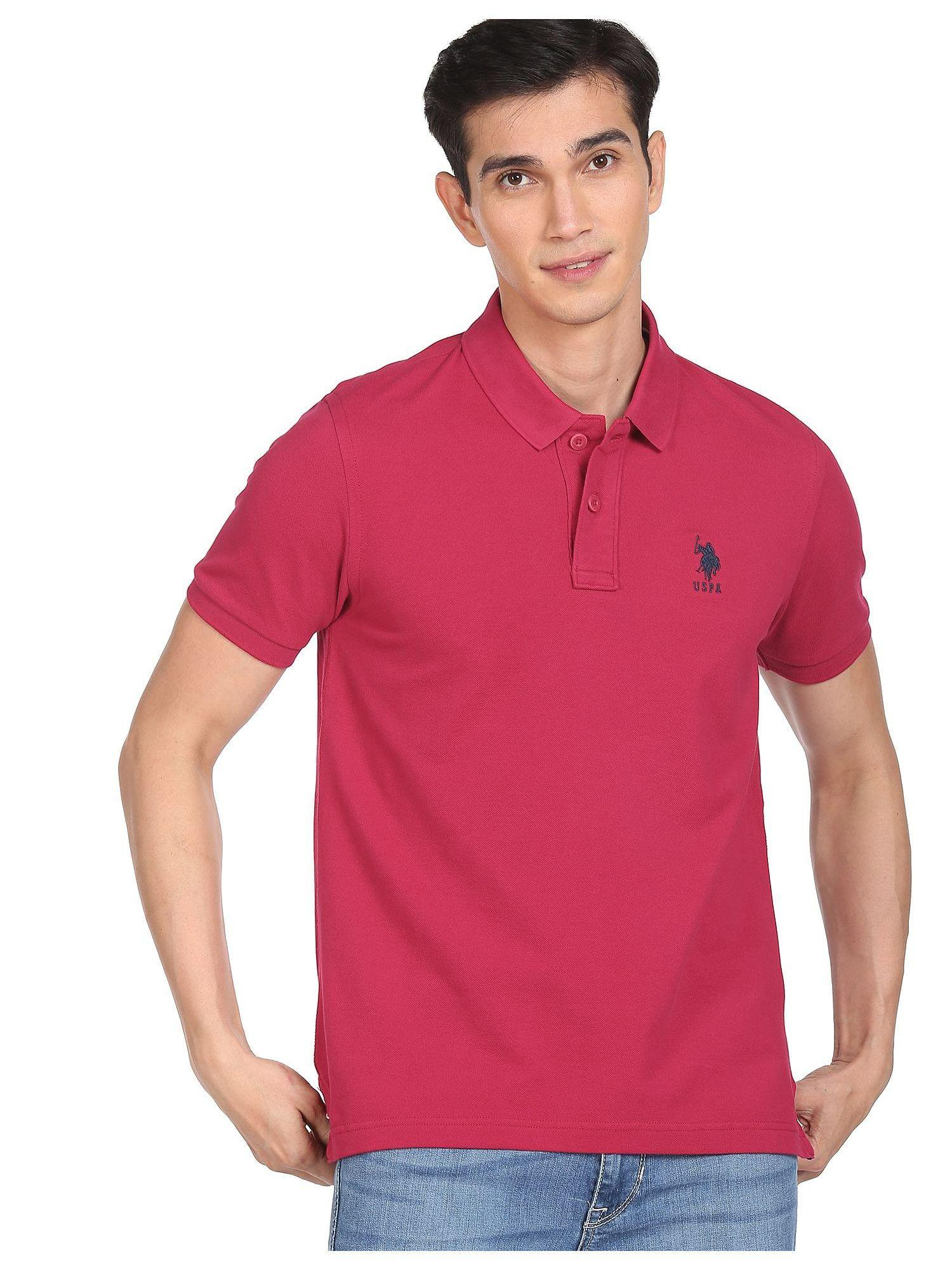 men magenta pure cotton solid polo t-shirt