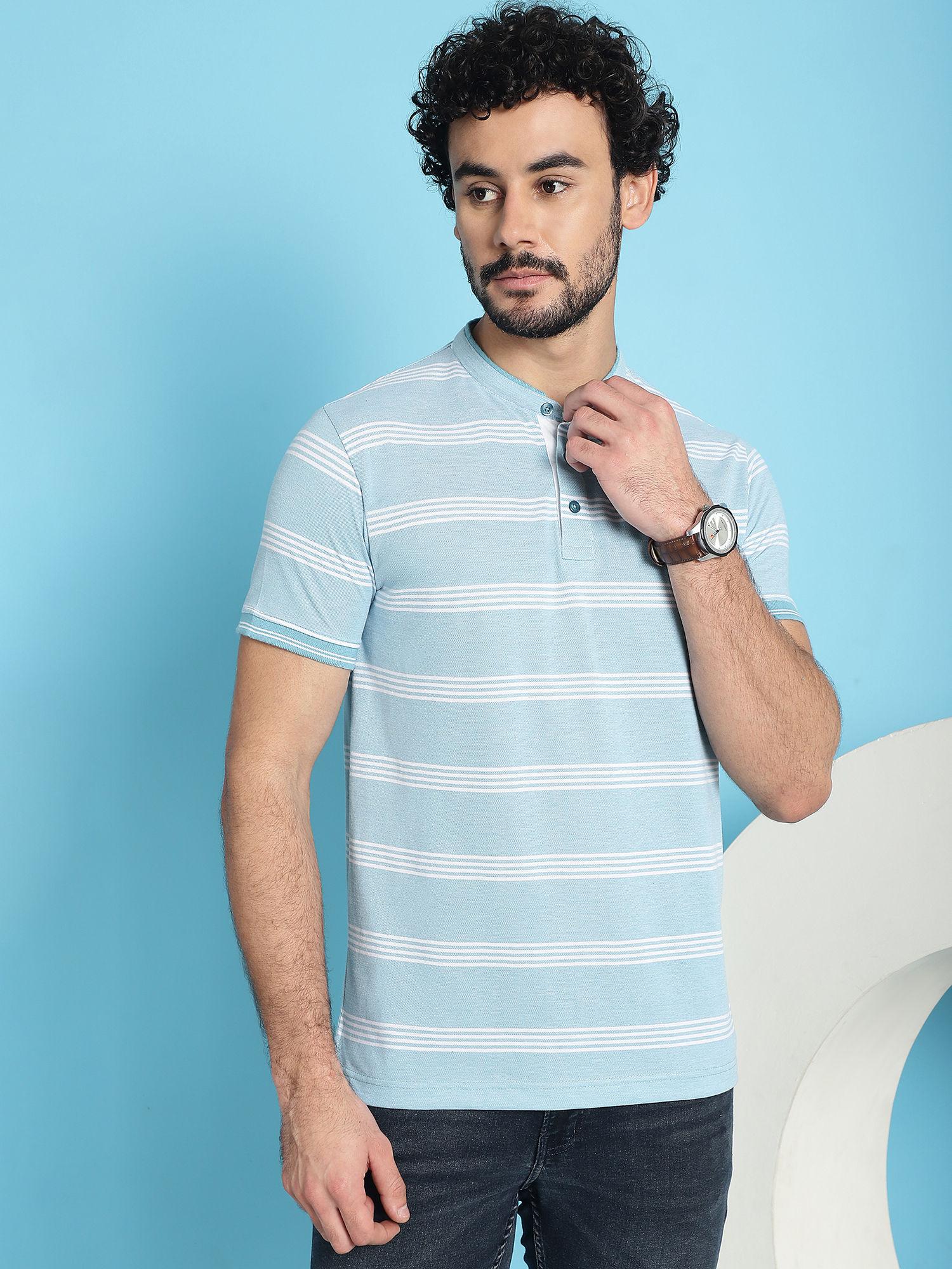 men mandarin neck striped cotton blue t-shirt