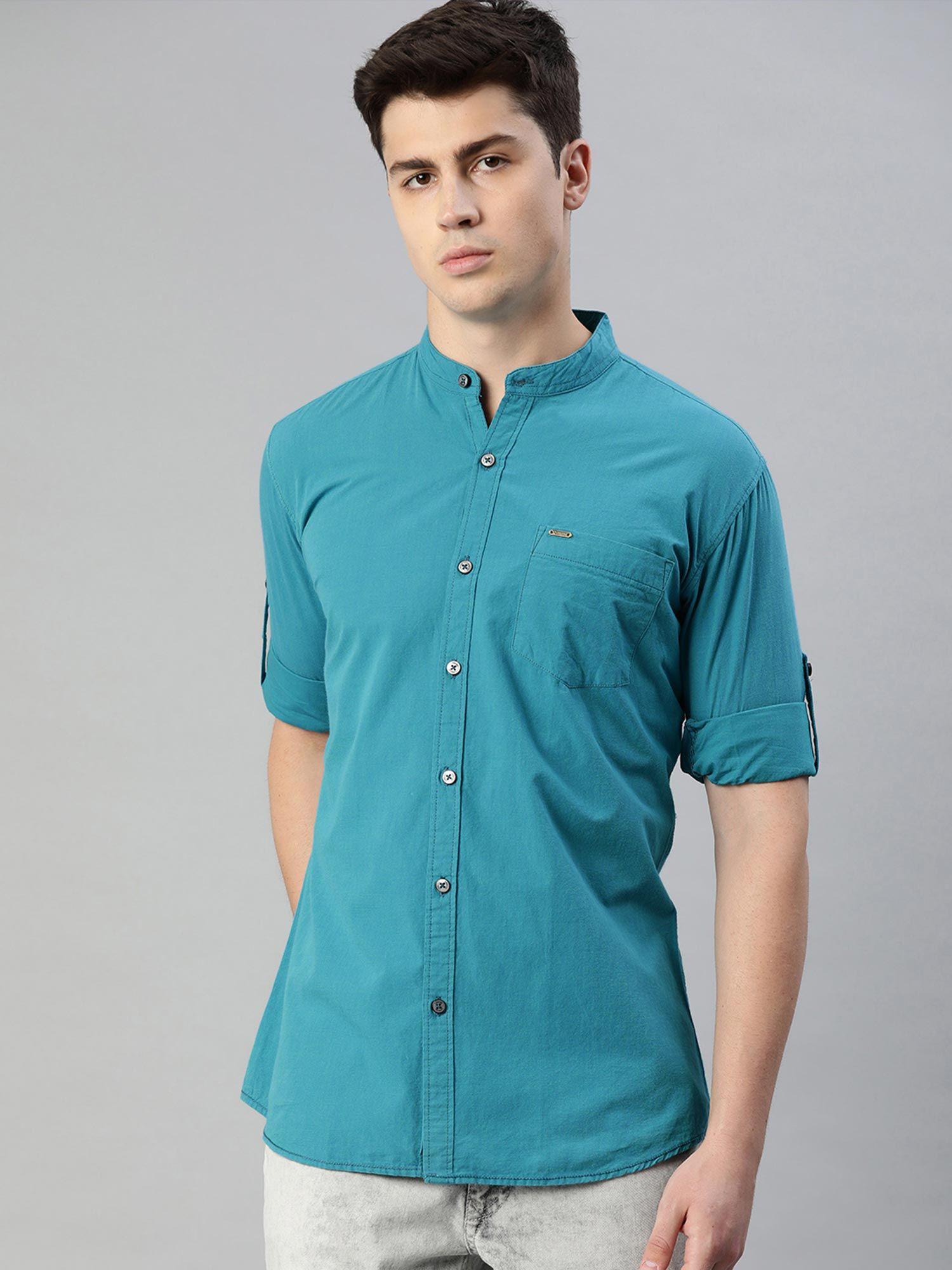 men marine blue full sleeve casual shirt with mandarin collar slim fit