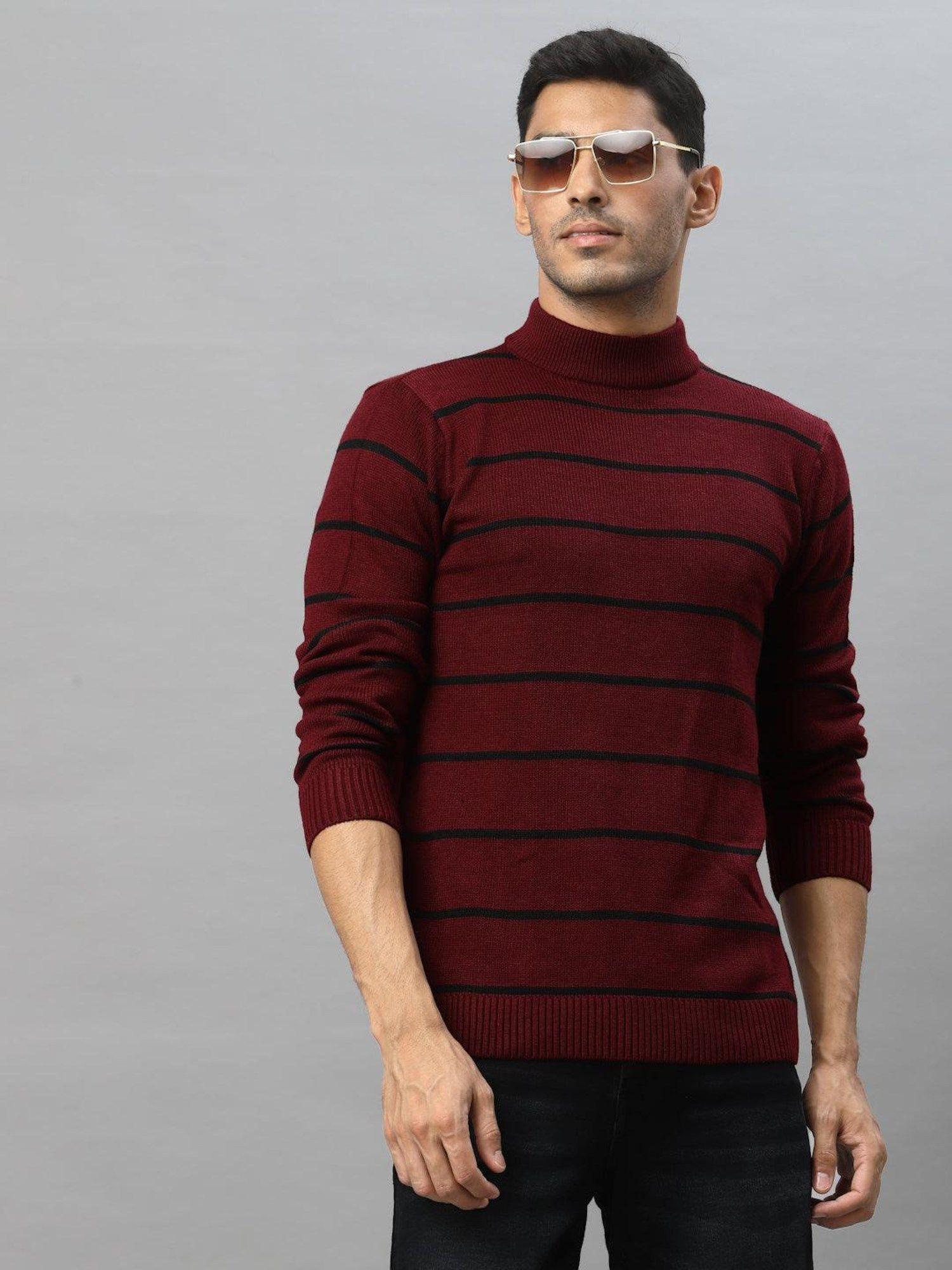 men maroon & black striped pullover